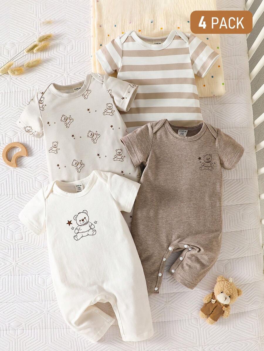 4PCS Baby Bear Print Cotton Romper Set for Summer Daily Wear and Comfort
