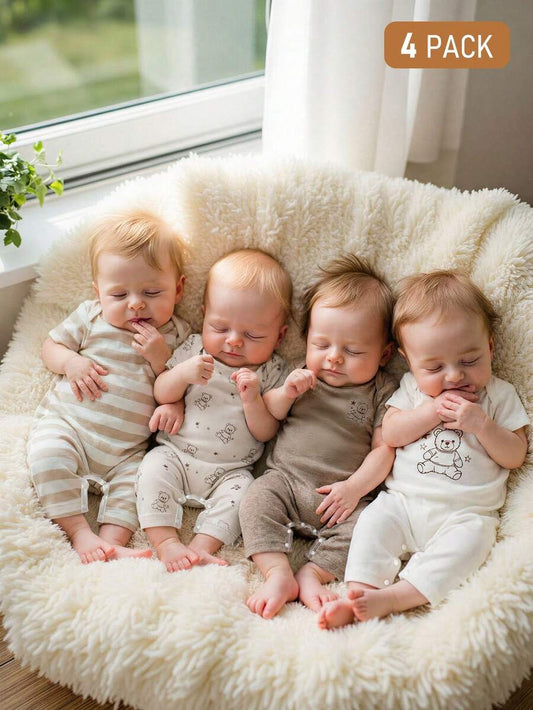 4PCS Baby Bear Print Cotton Romper Set for Summer Daily Wear and Comfort