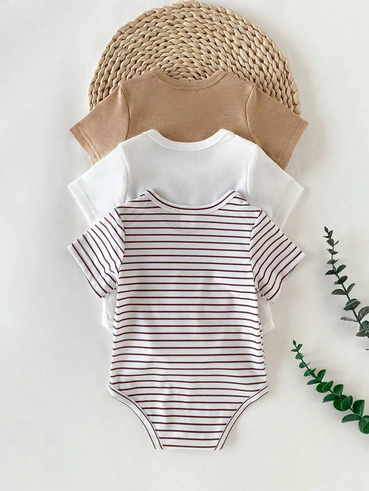 3PCS Baby Bear Embroidered Short Sleeve Snap Romper Set for Summer Daily Wear