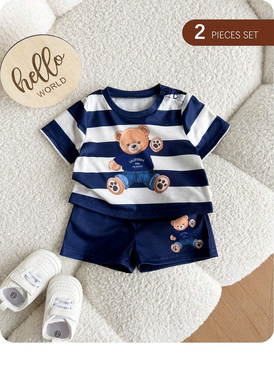 Newborn Boy & Girl Summer Knit Outfit -Cute Cartoon Bear Striped Shirt & Shorts Set
