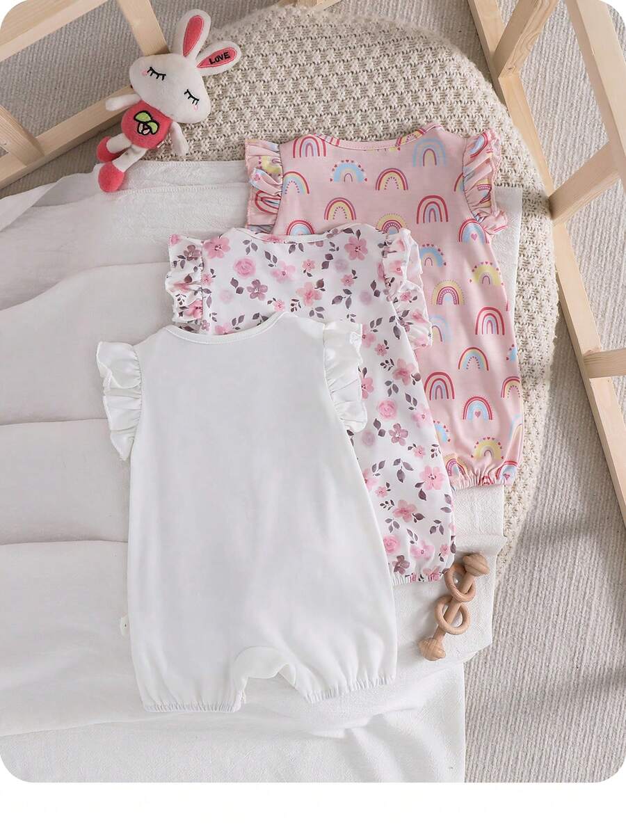 Newborn Soft Knit Summer Romper Set - 3pcs Cute Cartoon Graphic Outfits
