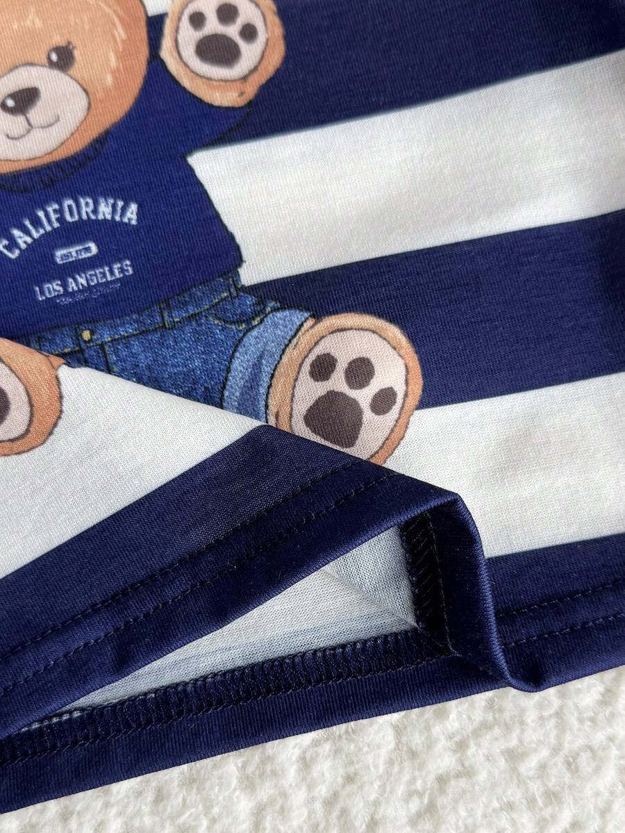 Newborn Boy & Girl Summer Knit Outfit -Cute Cartoon Bear Striped Shirt & Shorts Set