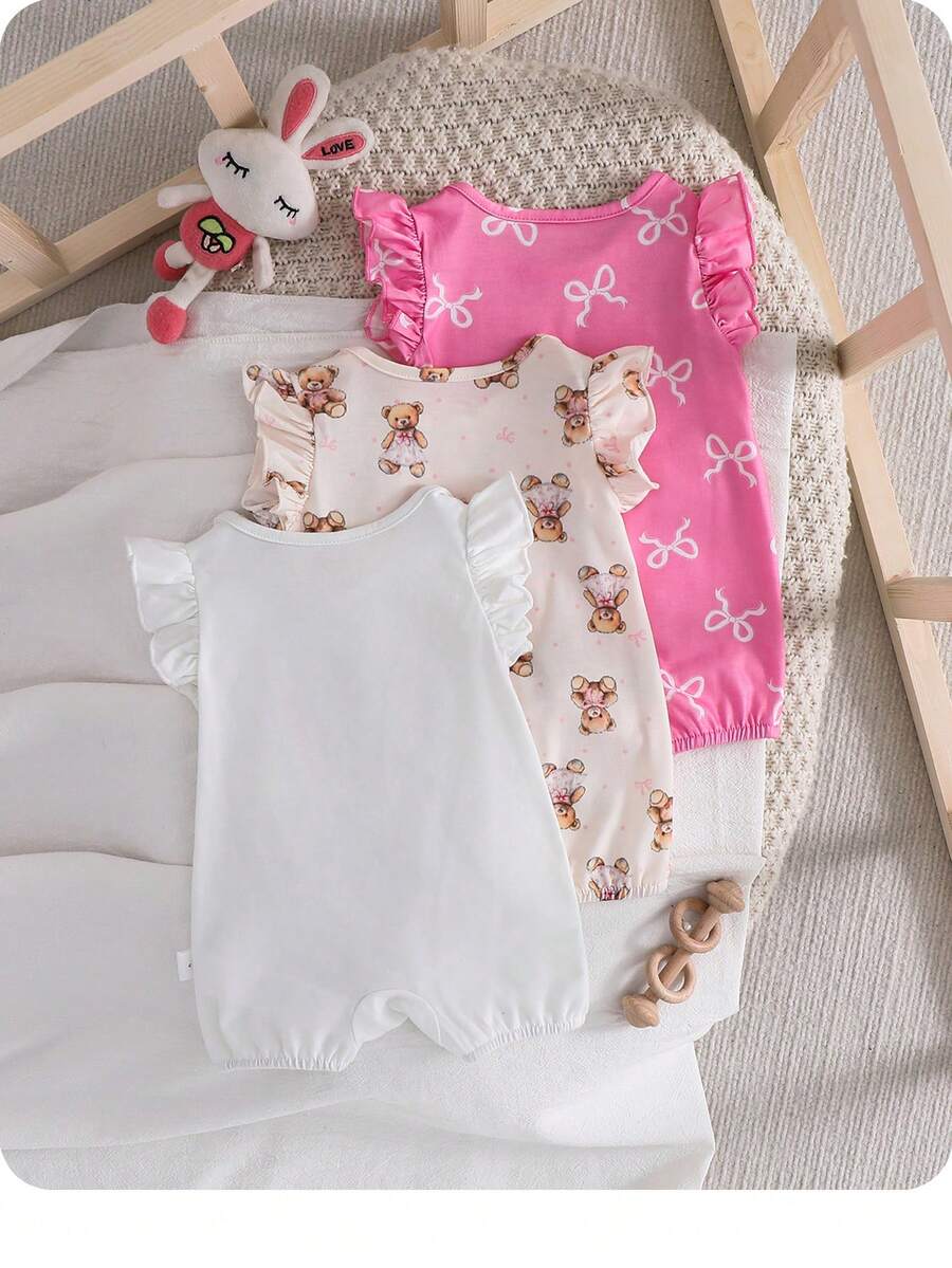 Newborn Soft Knit Summer Romper Set - 3pcs Cute Cartoon Graphic Outfits