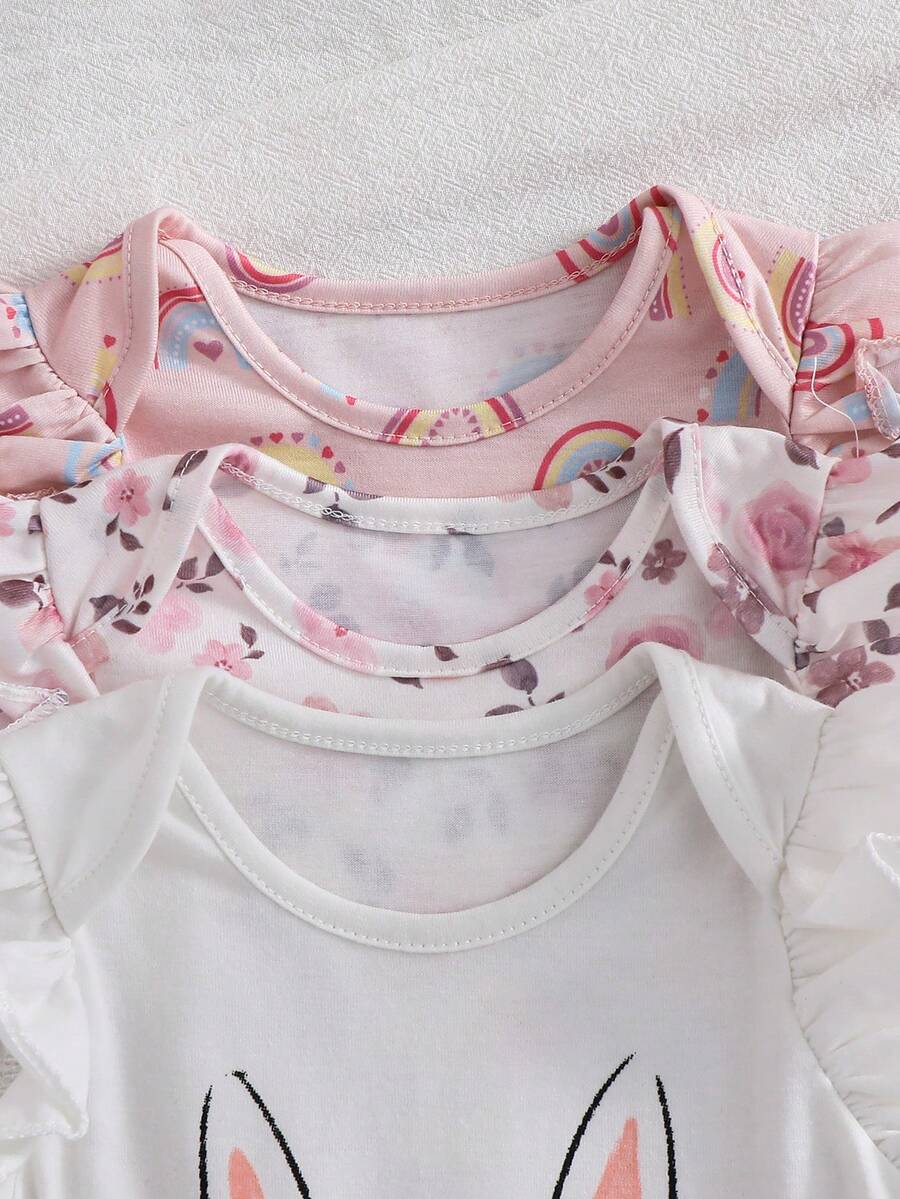 Newborn Soft Knit Summer Romper Set - 3pcs Cute Cartoon Graphic Outfits