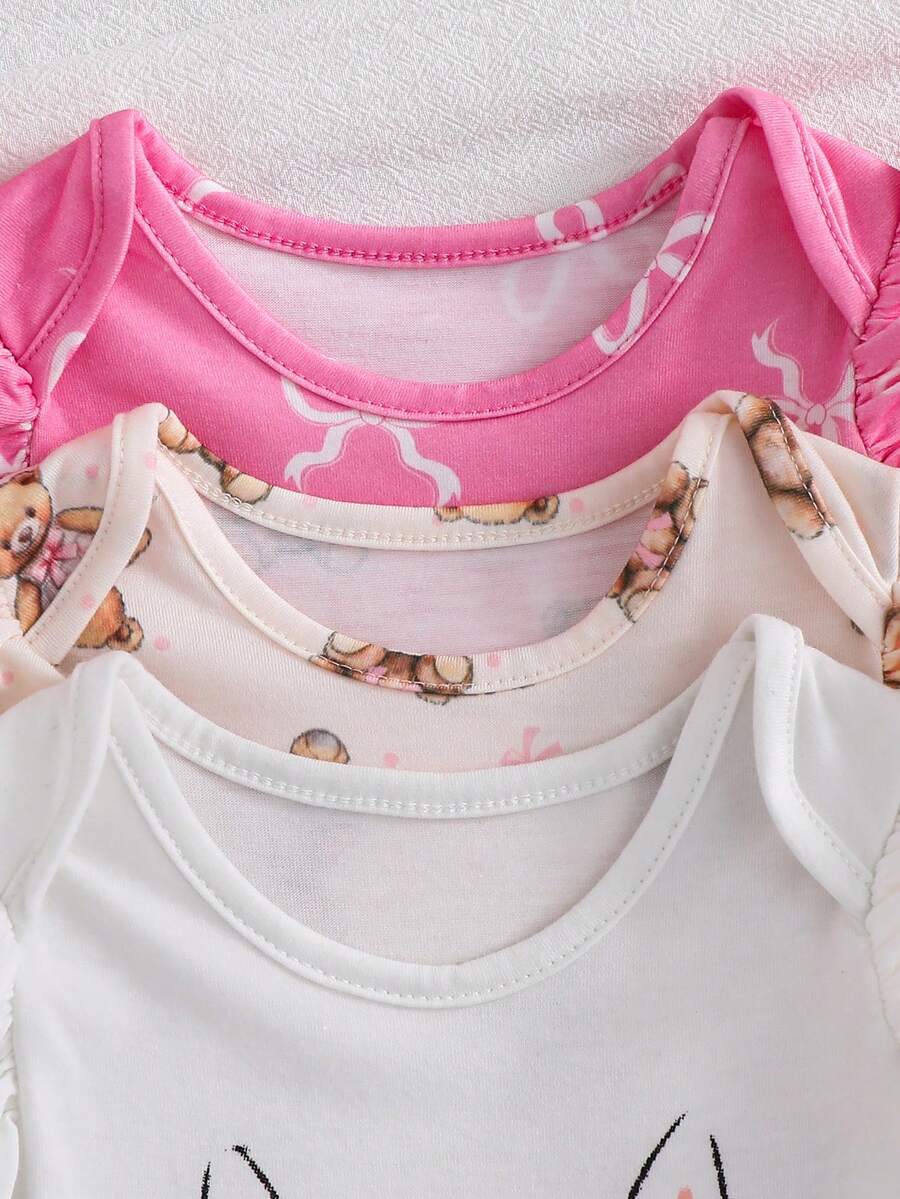 Newborn Soft Knit Summer Romper Set - 3pcs Cute Cartoon Graphic Outfits