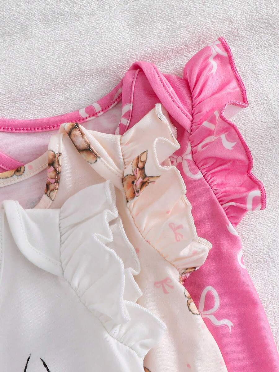 Newborn Soft Knit Summer Romper Set - 3pcs Cute Cartoon Graphic Outfits