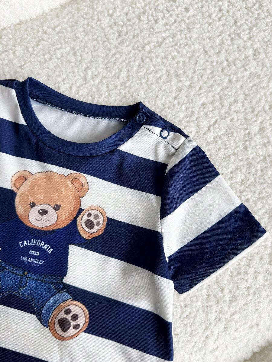 Newborn Boy & Girl Summer Knit Outfit -Cute Cartoon Bear Striped Shirt & Shorts Set