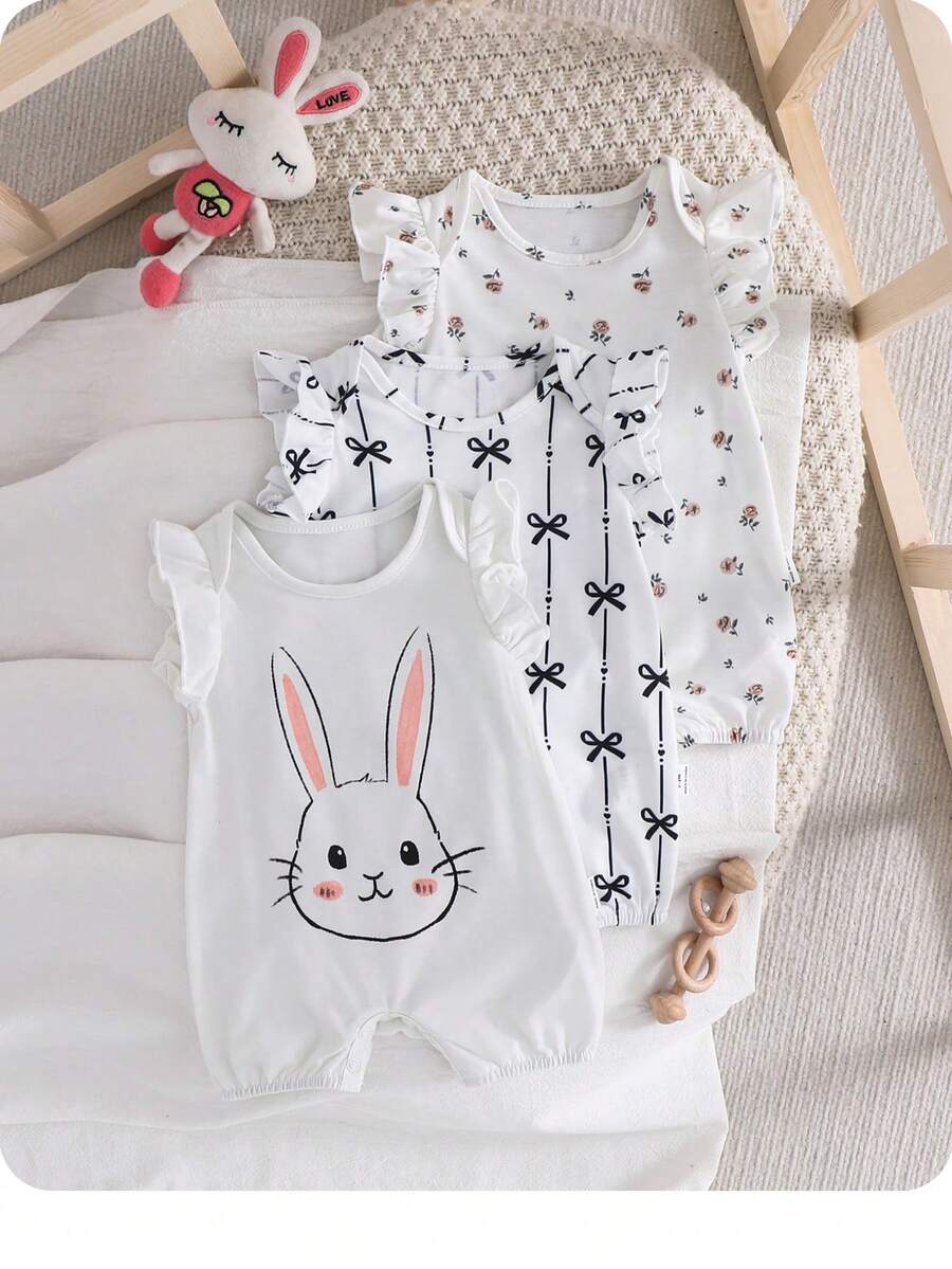 Newborn Soft Knit Summer Romper Set - 3pcs Cute Cartoon Graphic Outfits