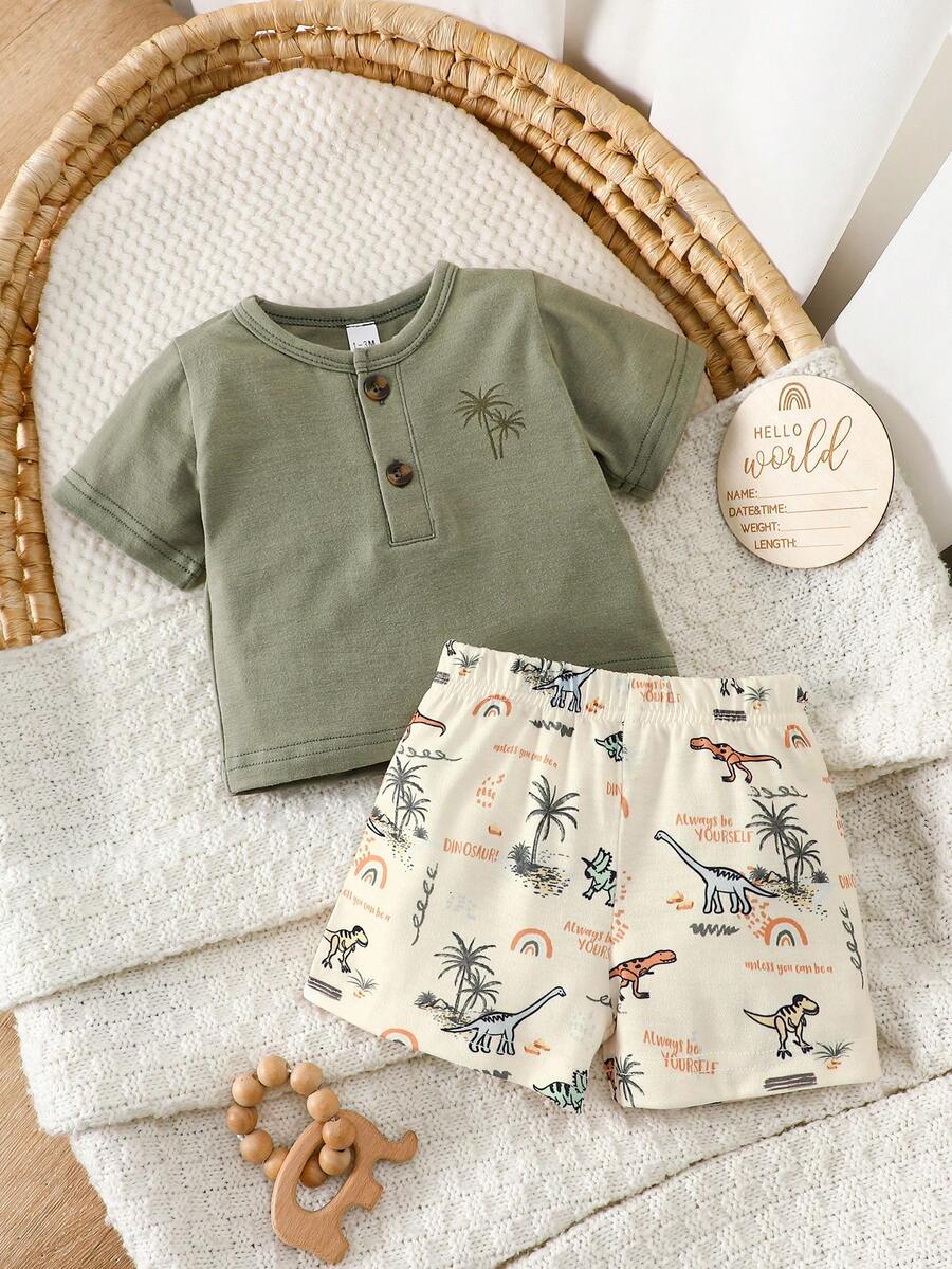 2PCS Baby Boy Coconut Tree Top and Dinosaur Shorts Set for Cute Summer Daily Wear