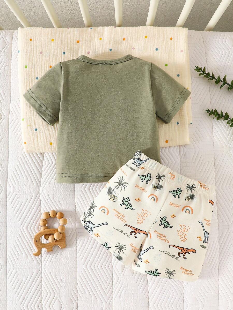 2PCS Baby Boy Coconut Tree Top and Dinosaur Shorts Set for Cute Summer Daily Wear