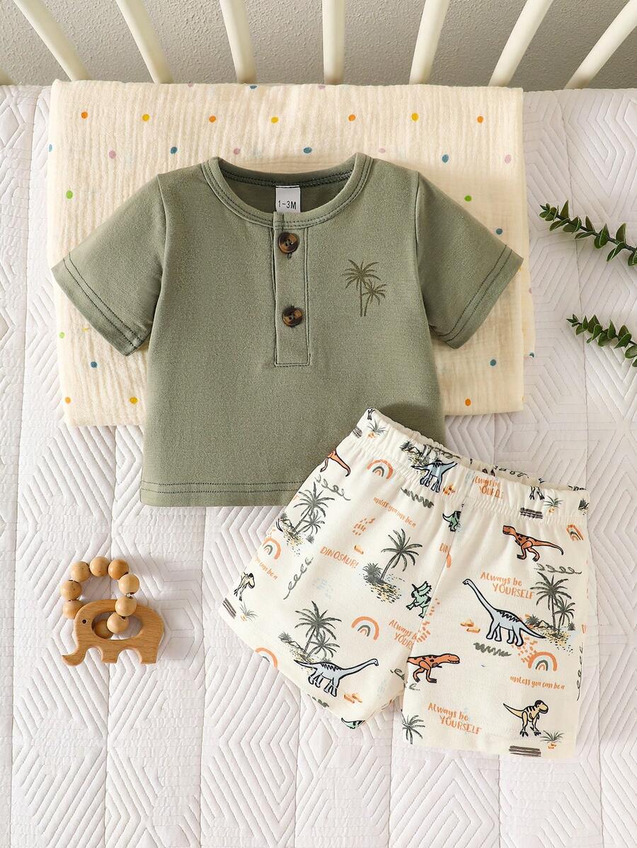 2PCS Baby Boy Coconut Tree Top and Dinosaur Shorts Set for Cute Summer Daily Wear