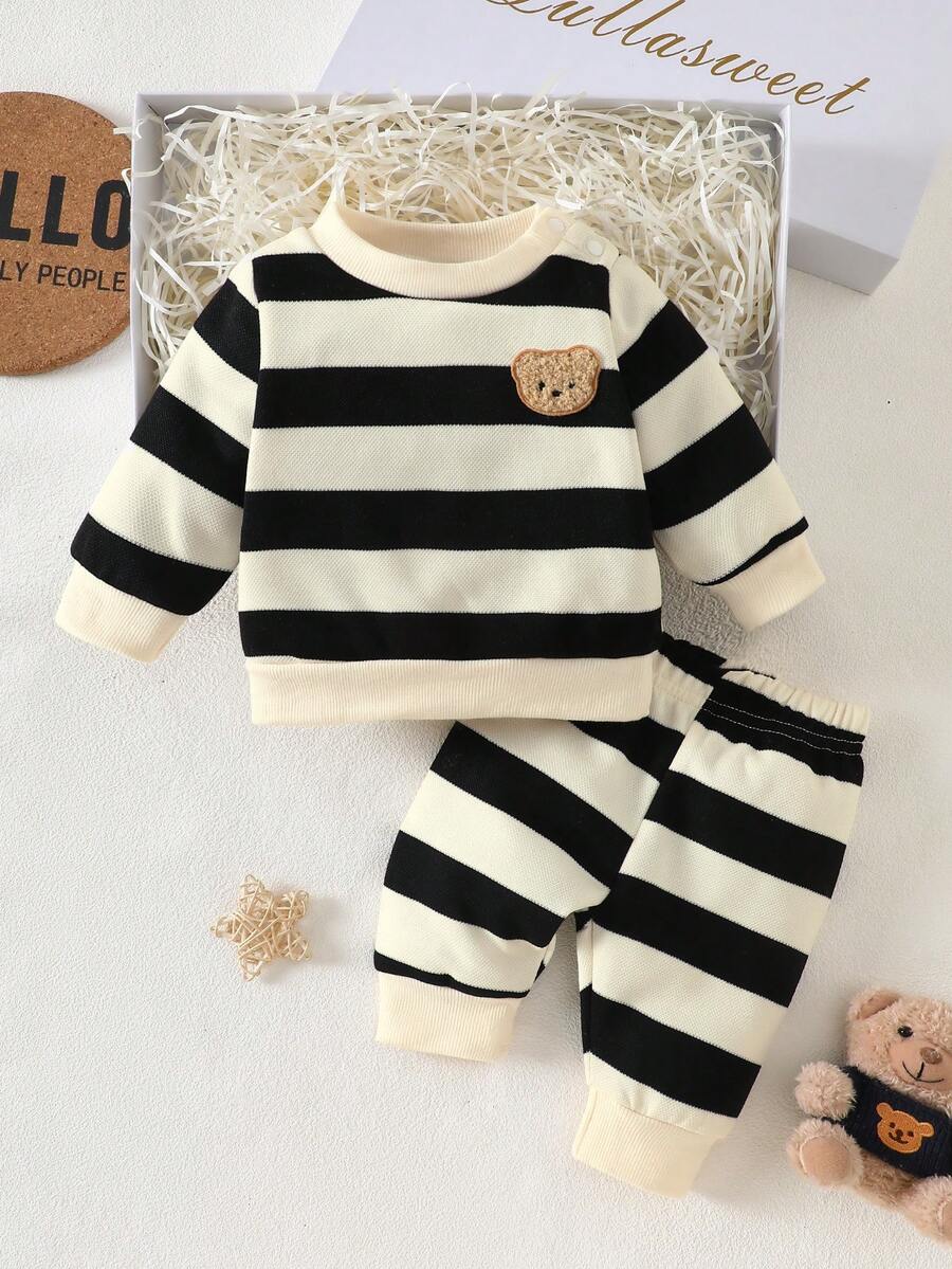 Baby Boy Black and White Striped Teddy Bear Top and Pants Set