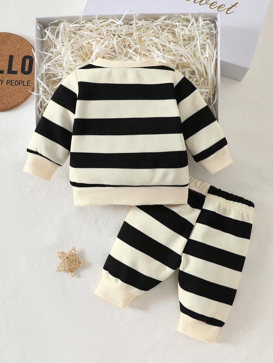 Baby Boy Black and White Striped Teddy Bear Top and Pants Set