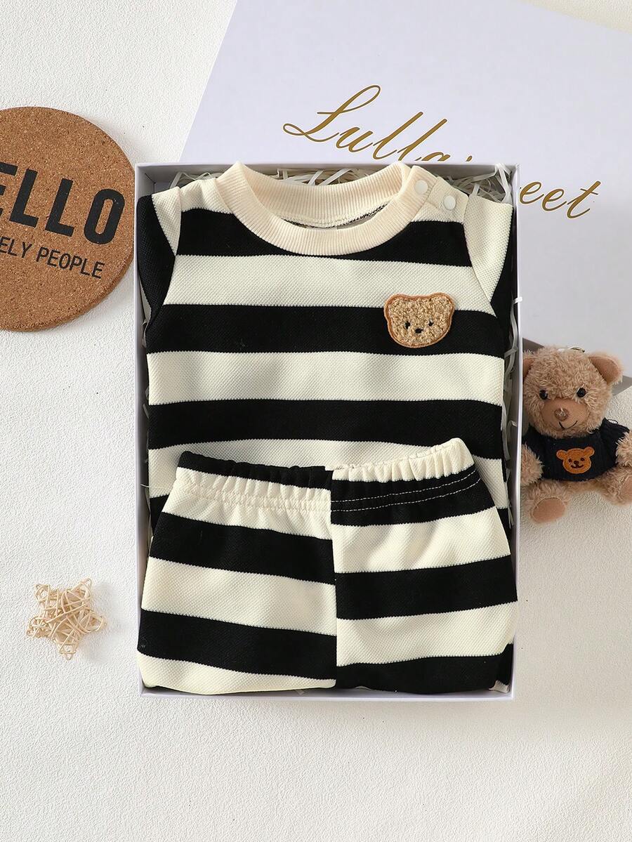 Baby Boy Black and White Striped Teddy Bear Top and Pants Set