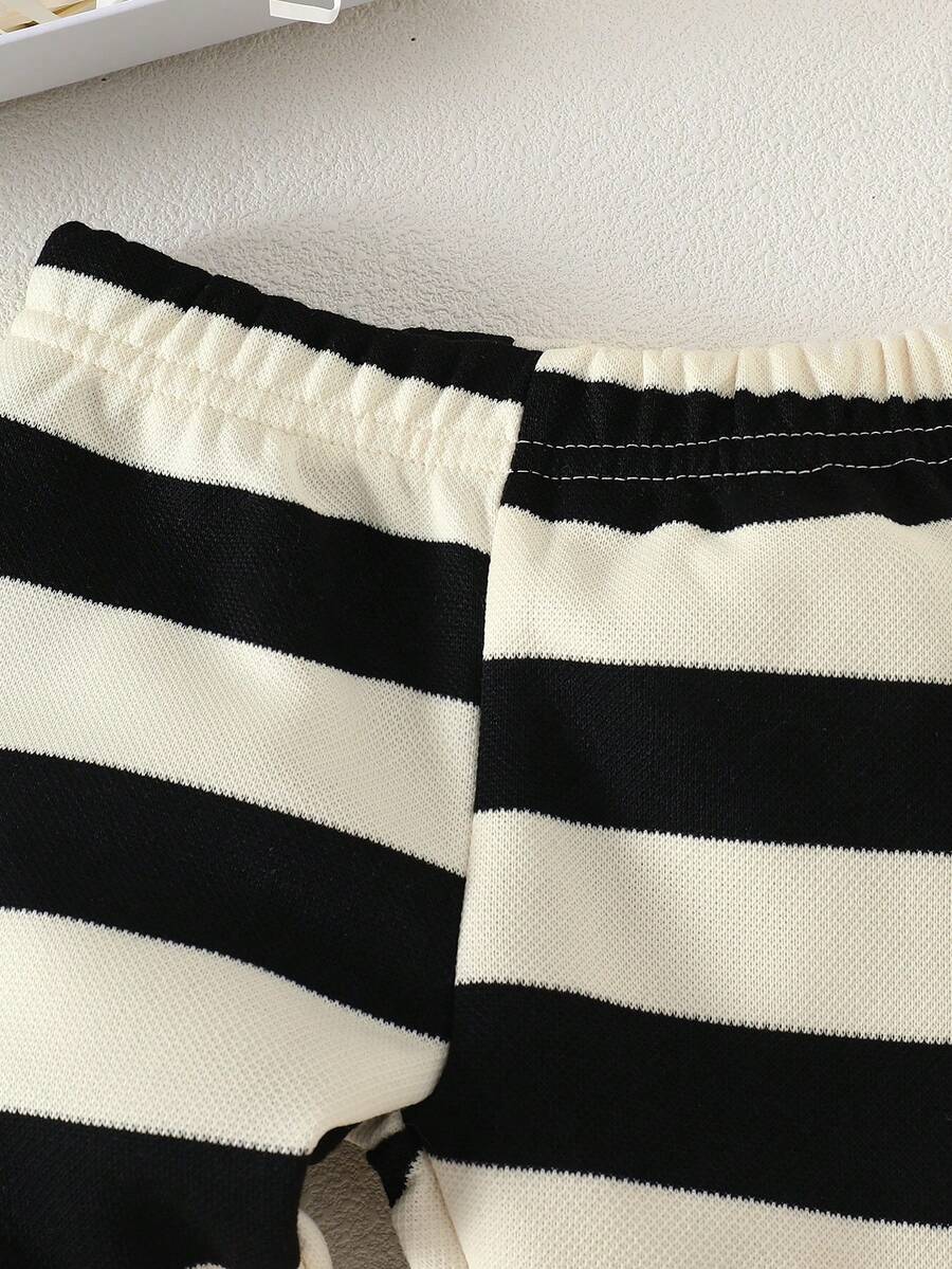 Baby Boy Black and White Striped Teddy Bear Top and Pants Set