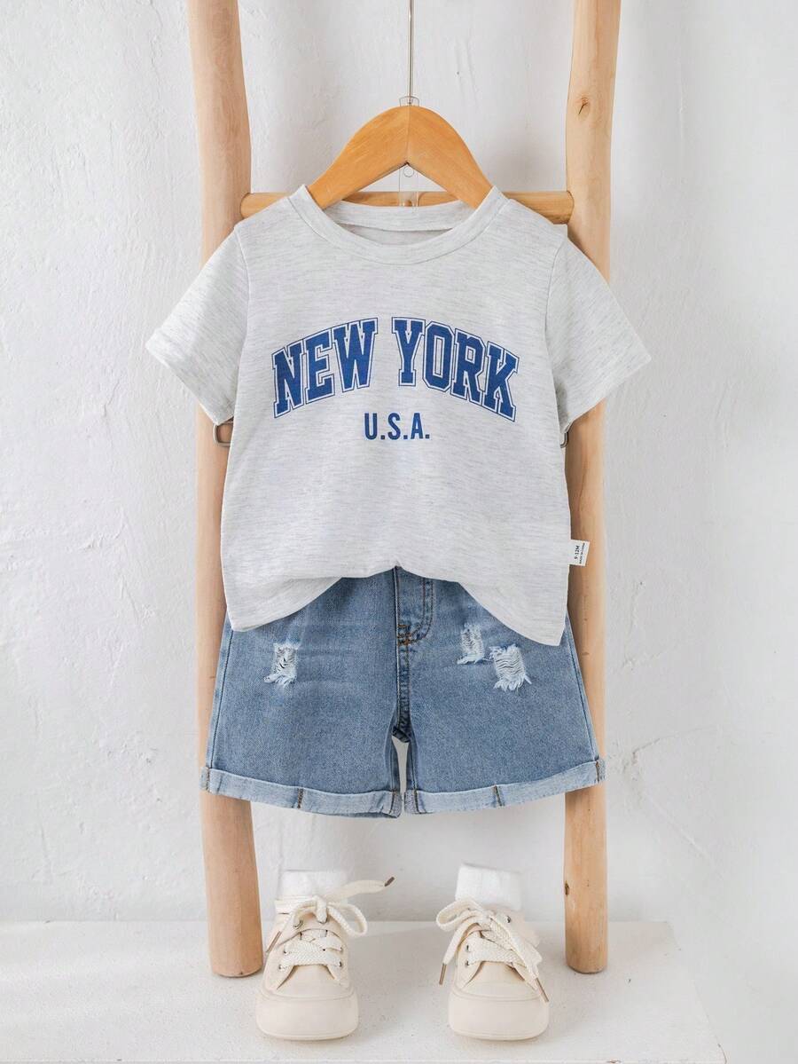 Baby Boy Black and White Striped T Shirt and Denim Shorts 2 Piece Casual Spring Summer Outfit Set