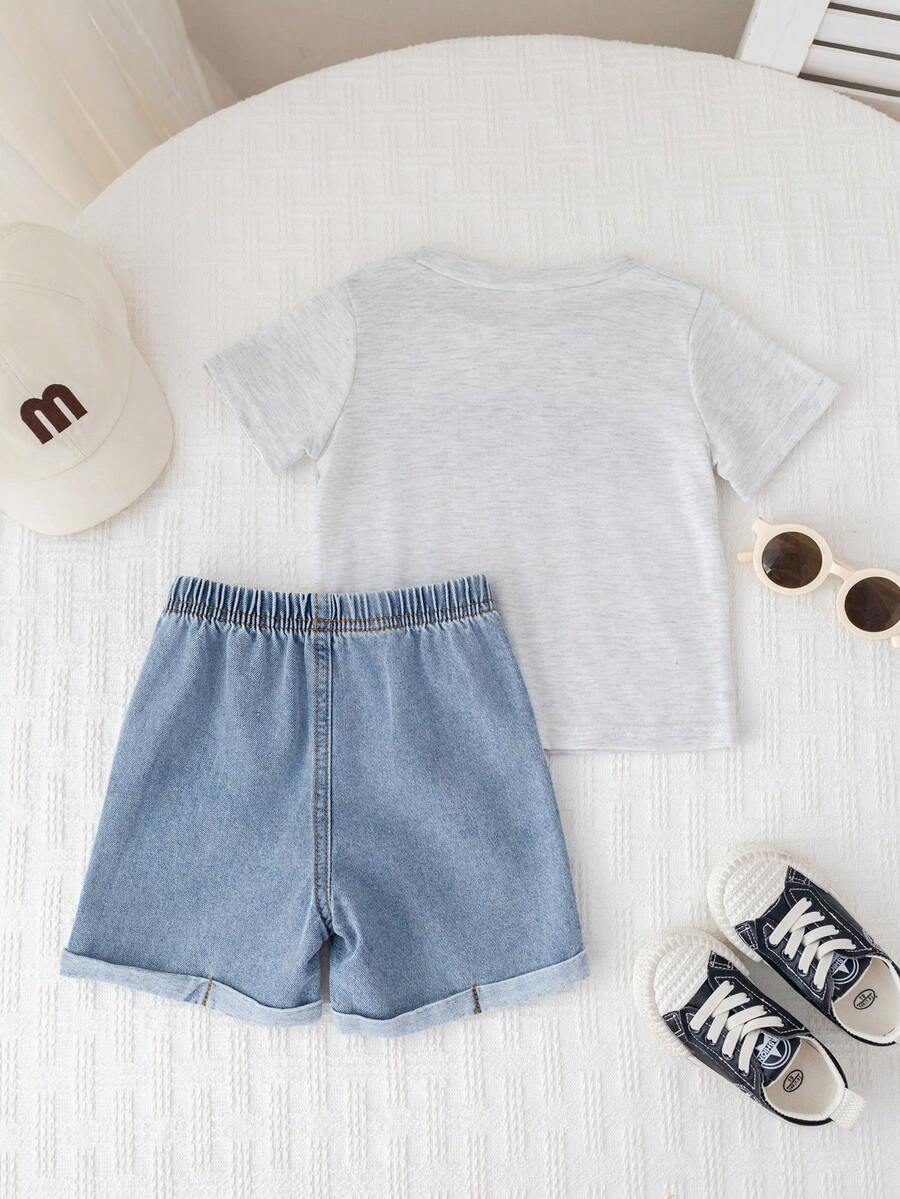 Baby Boy Black and White Striped T Shirt and Denim Shorts 2 Piece Casual Spring Summer Outfit Set
