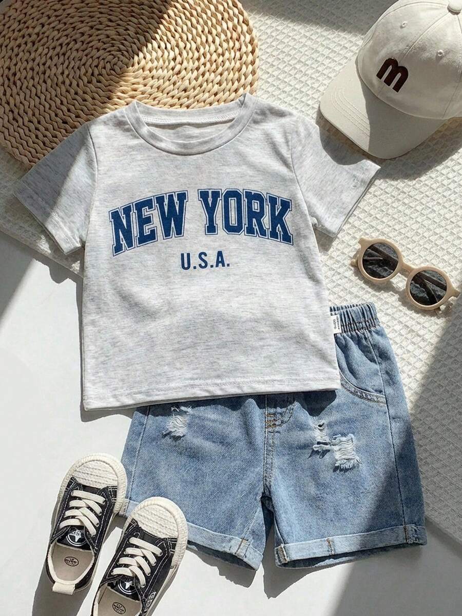 Baby Boy Black and White Striped T Shirt and Denim Shorts 2 Piece Casual Spring Summer Outfit Set