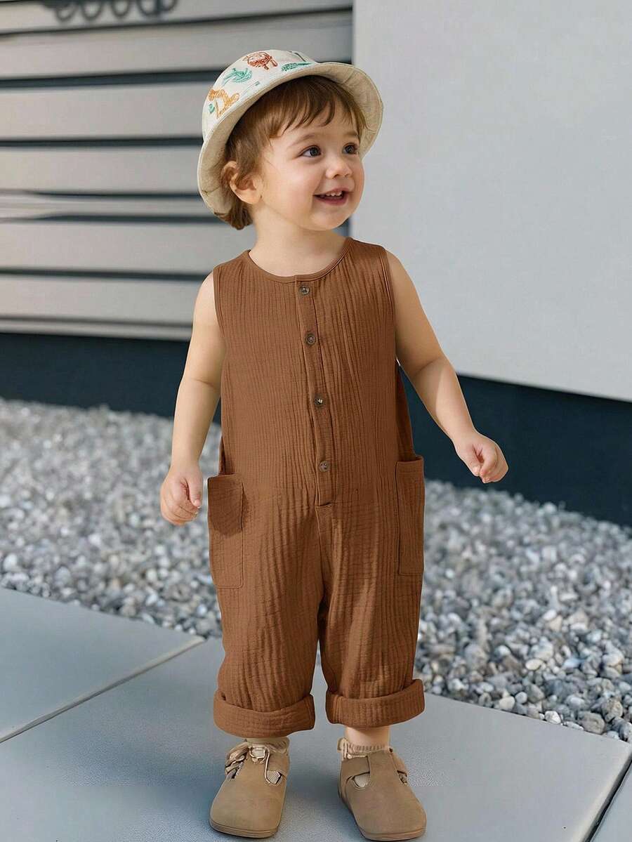 Unisex Newborn Baby Apricot Striped Sleeveless Romper Casual Spring Summer Vacation Outfit