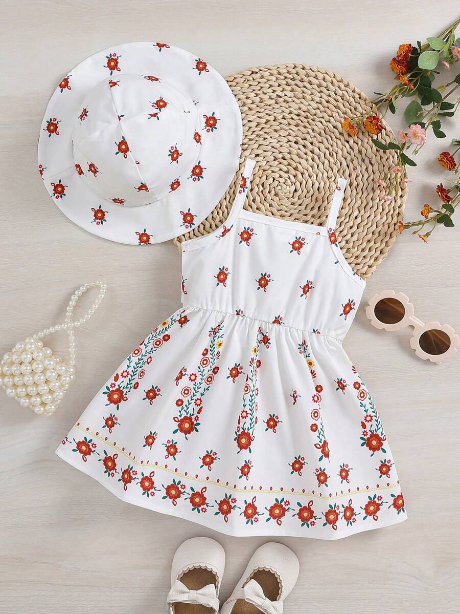 2pcs Baby Girl Floral Print Dress and Hat Set for Spring and Summer Wear