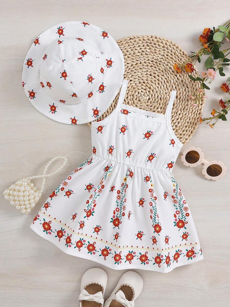 2pcs Baby Girl Floral Print Dress and Hat Set for Spring and Summer Wear