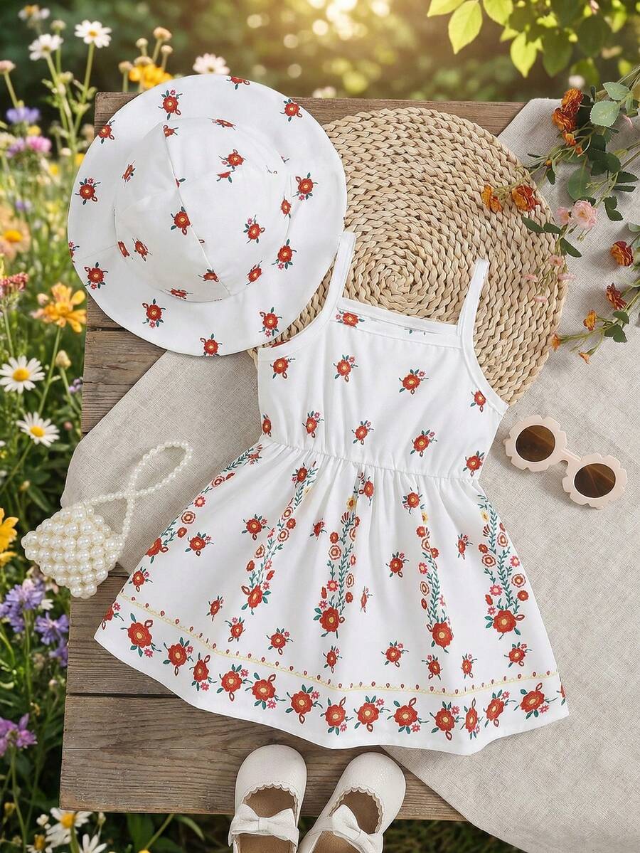 2pcs Baby Girl Floral Print Dress and Hat Set for Spring and Summer Wear