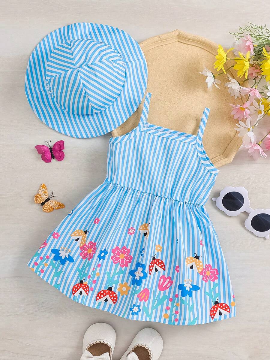 2pcs Baby Girl Floral Print Dress and Hat Set for Spring and Summer Wear