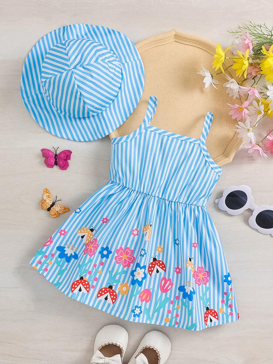 2pcs Baby Girl Floral Print Dress and Hat Set for Spring and Summer Wear