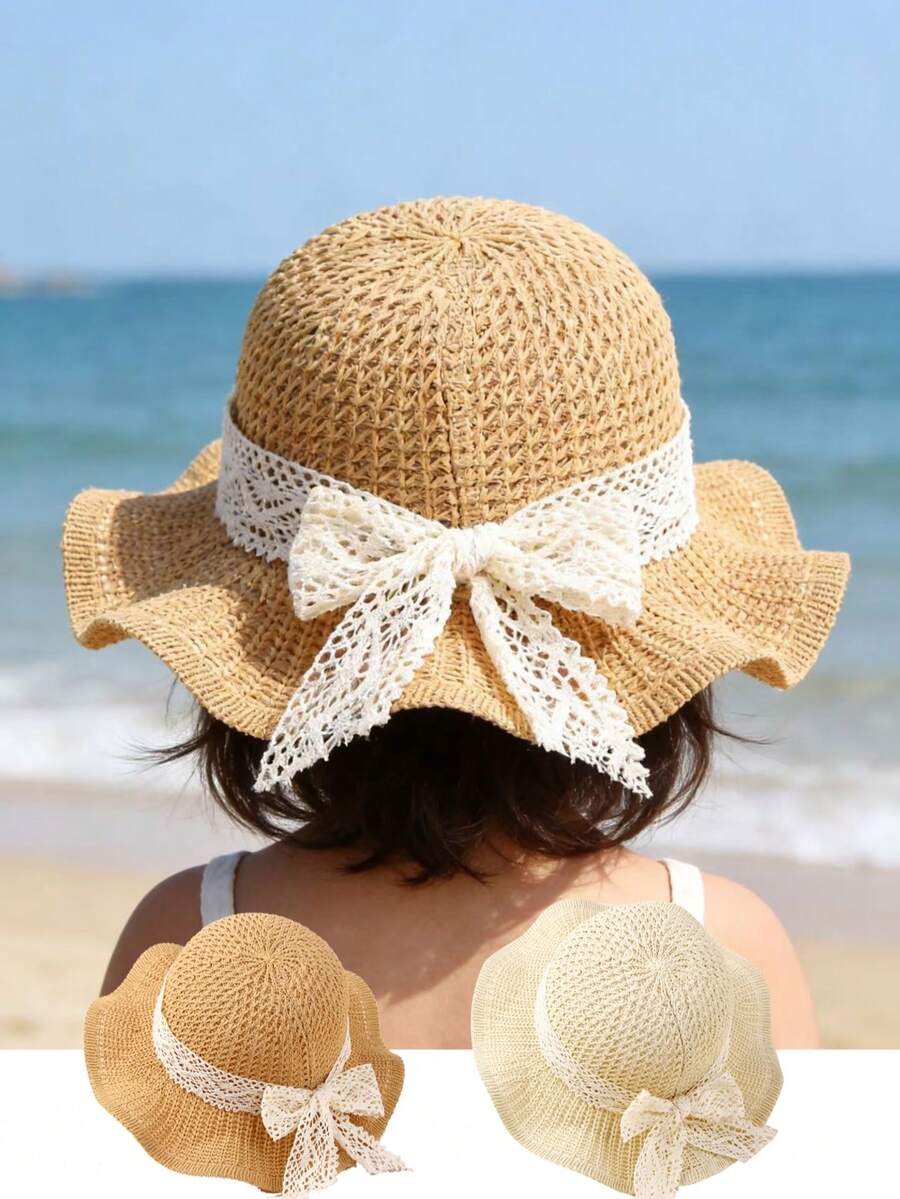 1pc Large Brim Lace Bow Sun Hat for Kids Outdoor Wear