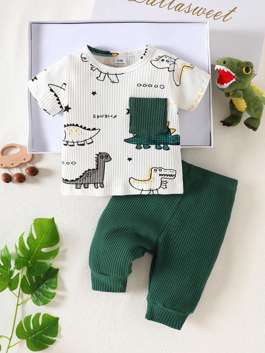 2PCS Baby Boy Dinosaur Print Top and Green Pants Set for Cute Casual Daily Wear