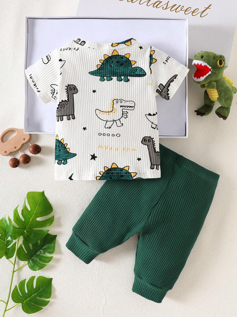 2PCS Baby Boy Dinosaur Print Top and Green Pants Set for Cute Casual Daily Wear