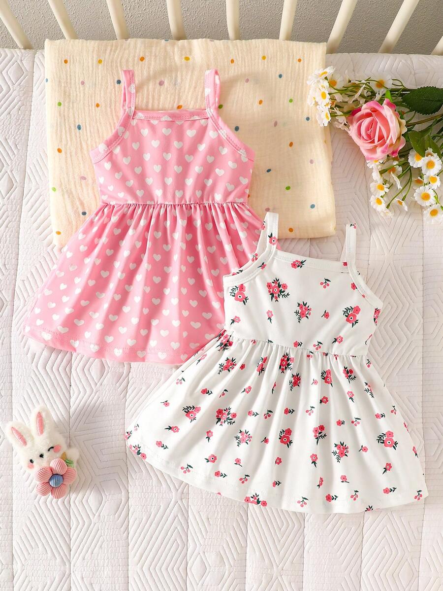 2PCS Baby Heart and Floral Print Strap Dress Set for Cute Summer Wear