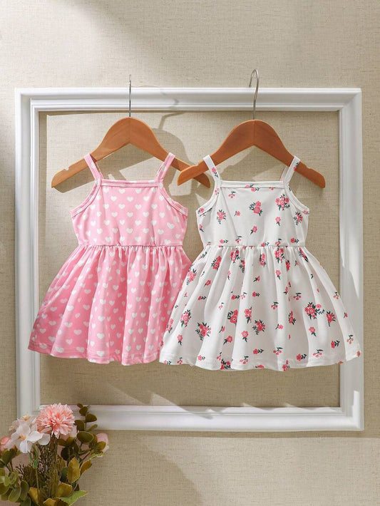 2PCS Baby Heart and Floral Print Strap Dress Set for Cute Summer Wear