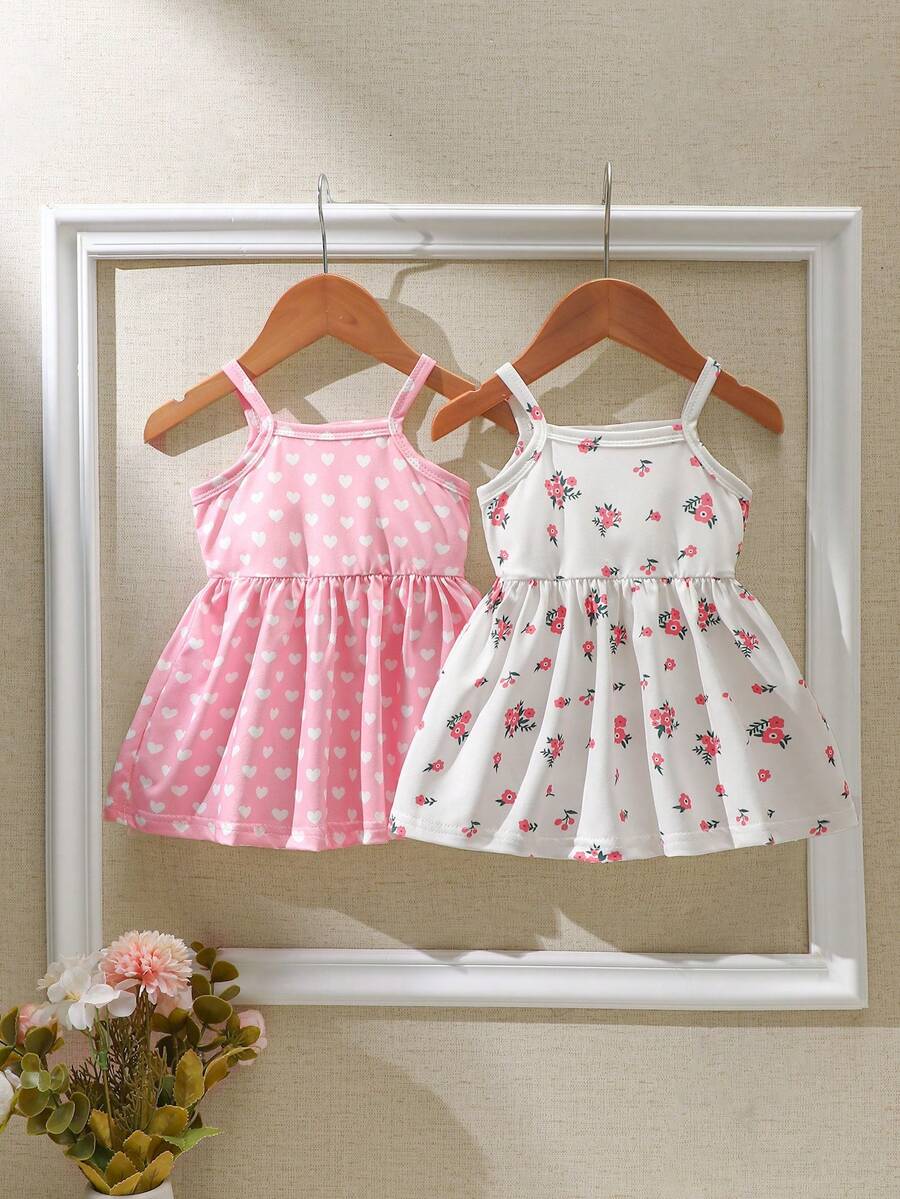 2PCS Baby Heart and Floral Print Strap Dress Set for Cute Summer Wear