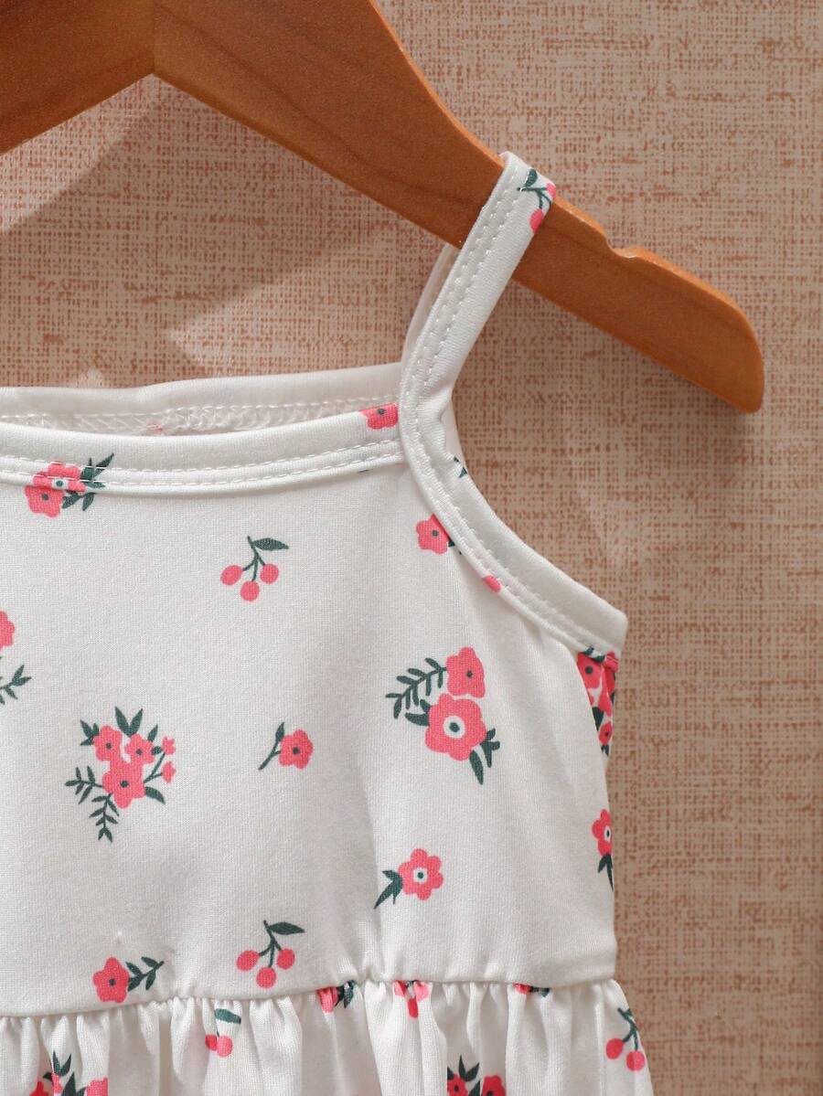 2PCS Baby Heart and Floral Print Strap Dress Set for Cute Summer Wear