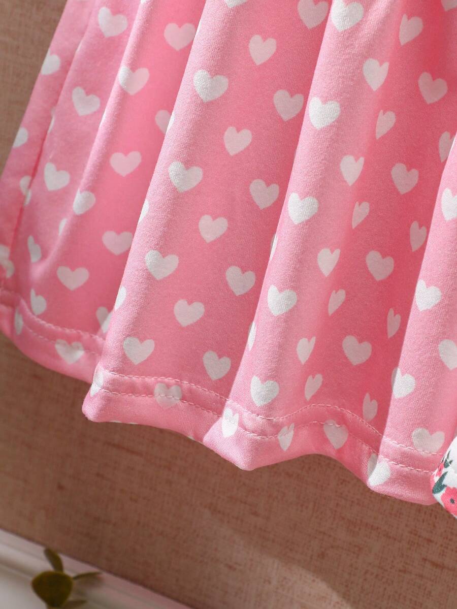2PCS Baby Heart and Floral Print Strap Dress Set for Cute Summer Wear