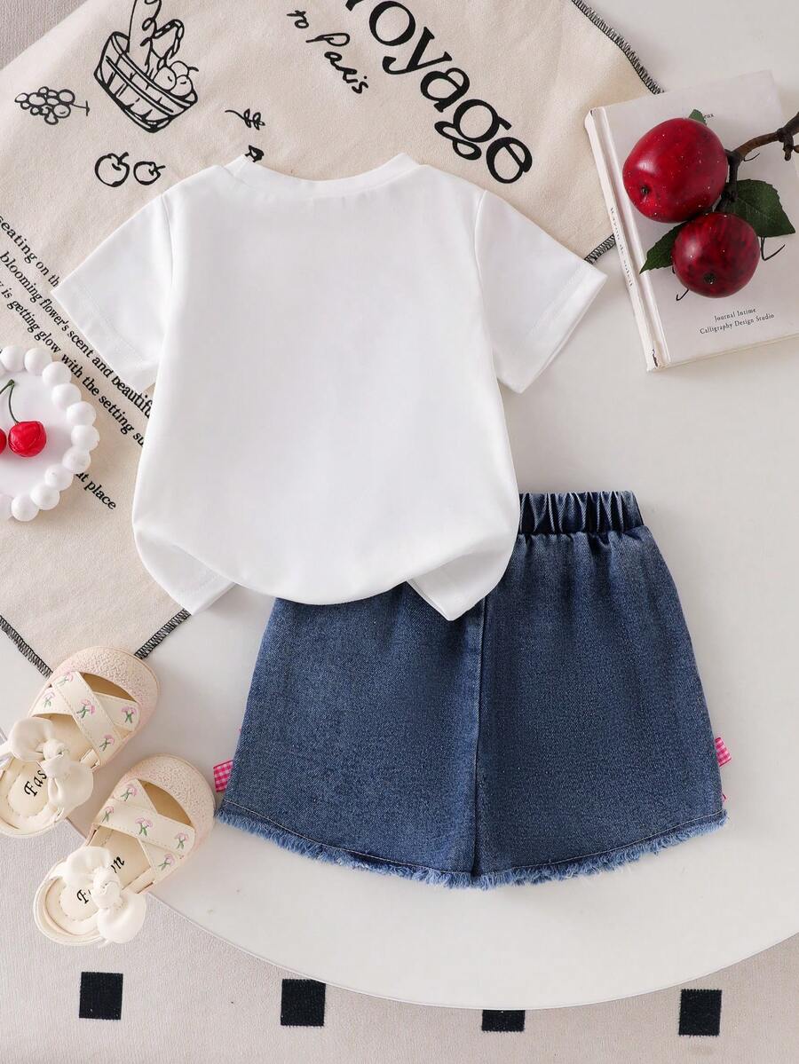 Cherry Print T-Shirt and Embroidery Pattern Contrast Shorts Set for Baby Girls