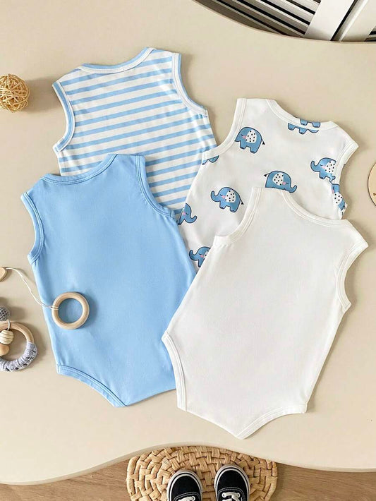 4PCS Baby Elephant Striped Print Short Sleeve Romper Set for Daily Wear and Playtime