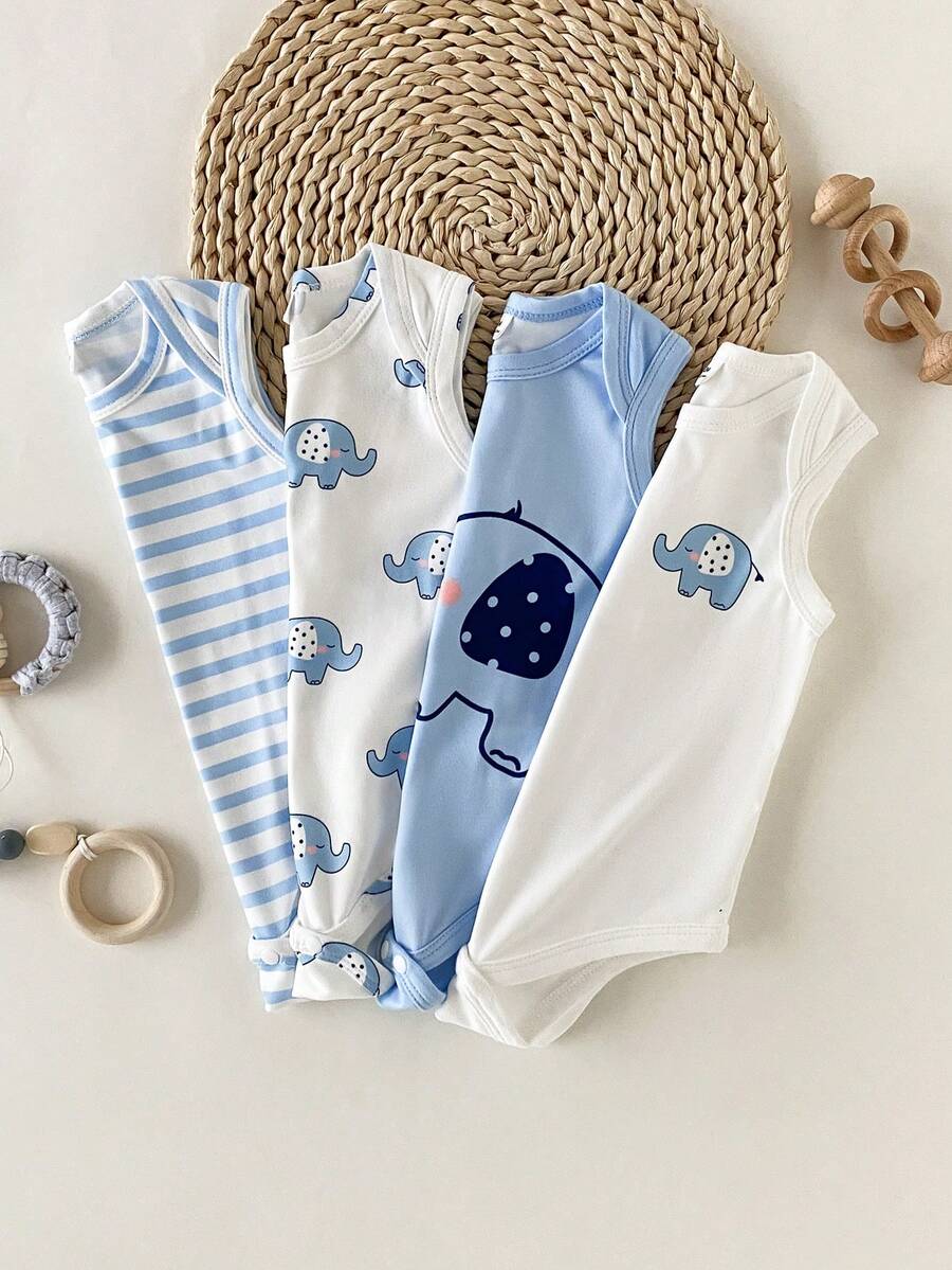 4PCS Baby Elephant Striped Print Short Sleeve Romper Set for Daily Wear and Playtime