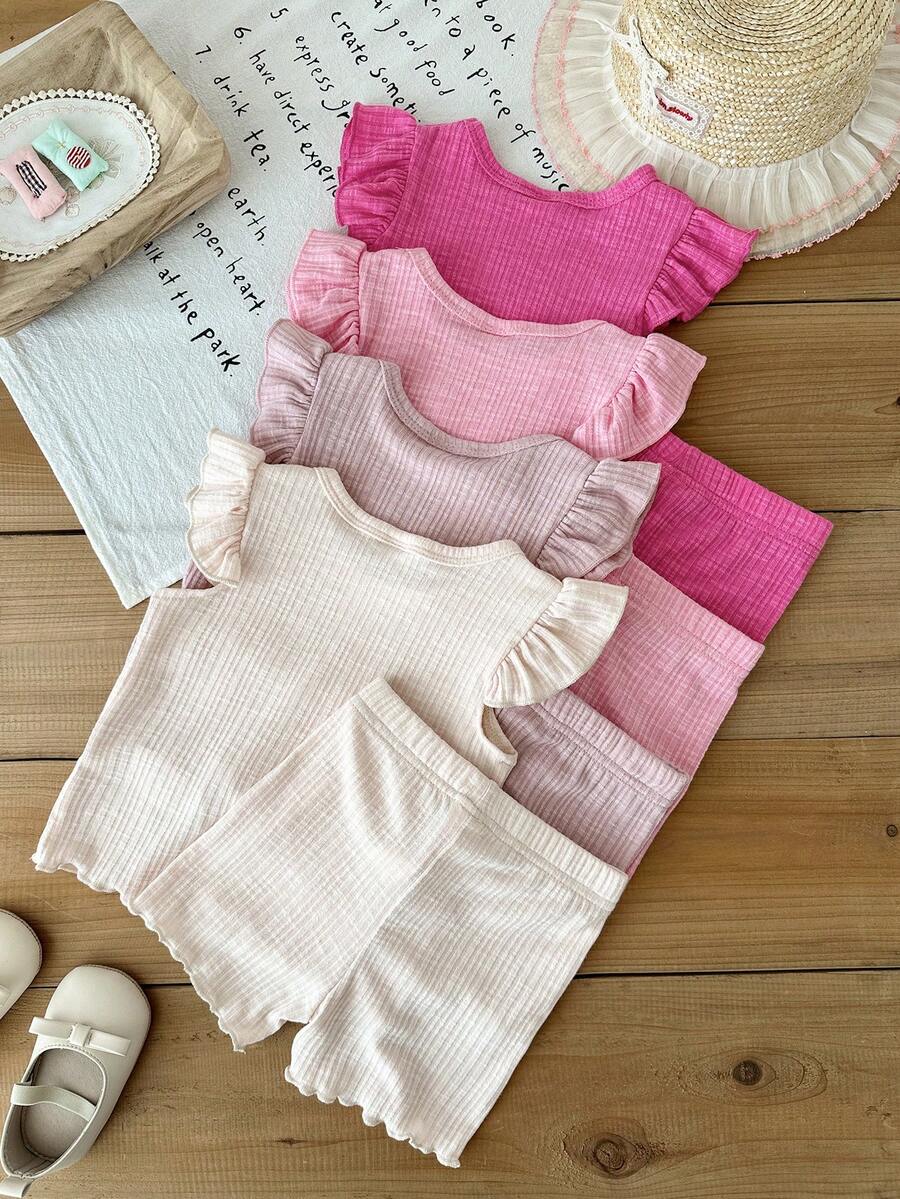 8-Piece Multi-Color Ribbed Short Sleeve Top and Shorts Set for Baby Girls