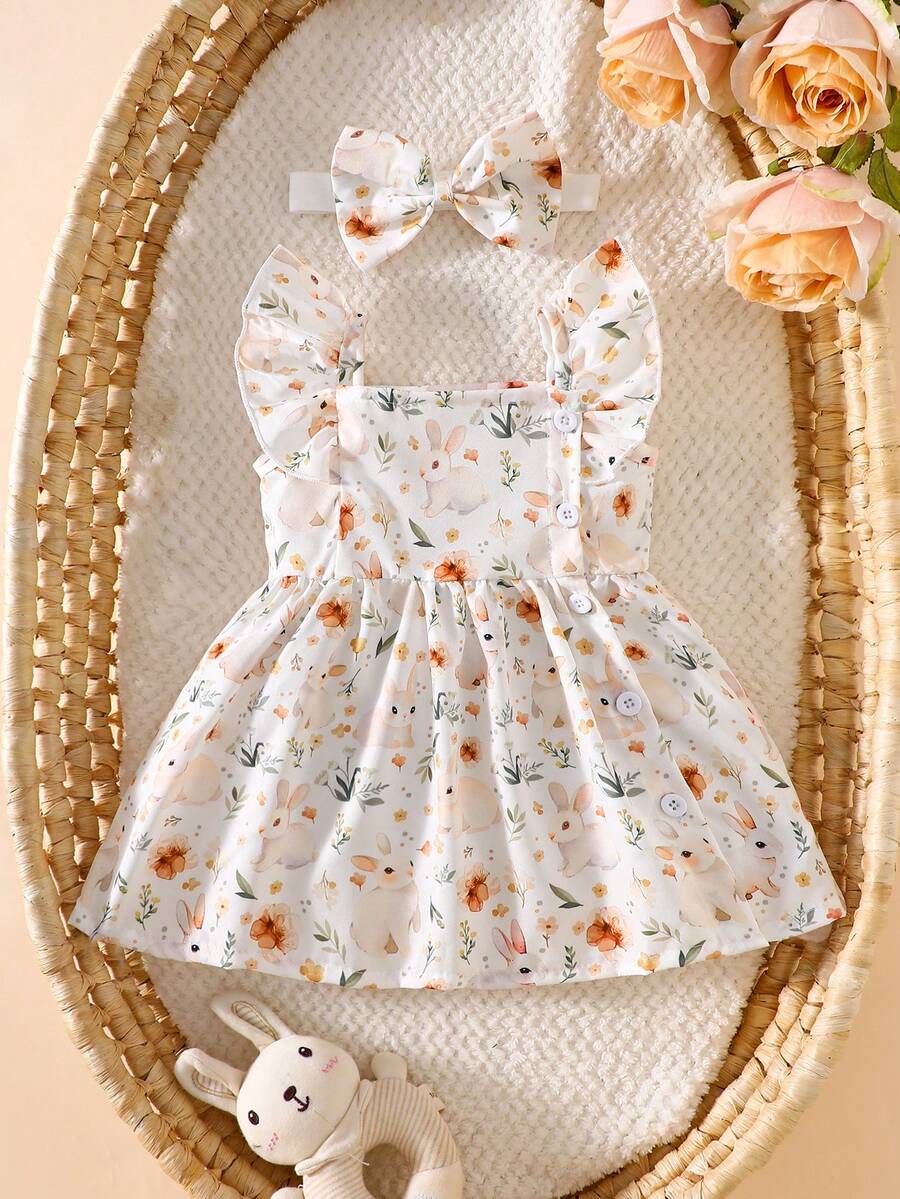 2PCS Baby Watercolor Floral Dress and Hairband Set for Cute Summer Outings