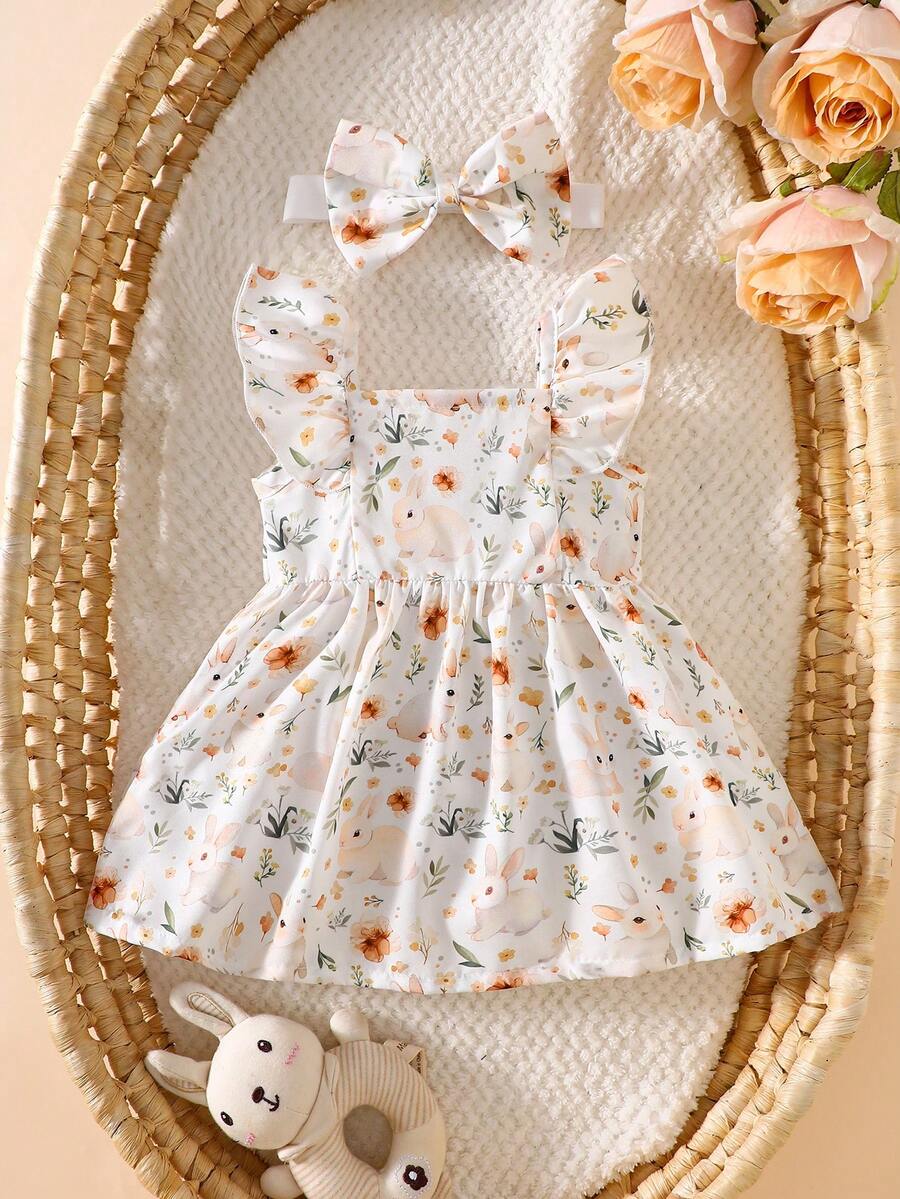 2PCS Baby Watercolor Floral Dress and Hairband Set for Cute Summer Outings