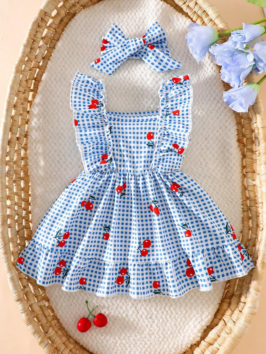 2PCS Baby Strawberry Plaid Dress and Bow Headband Set for Cute Spring and Summer Outings