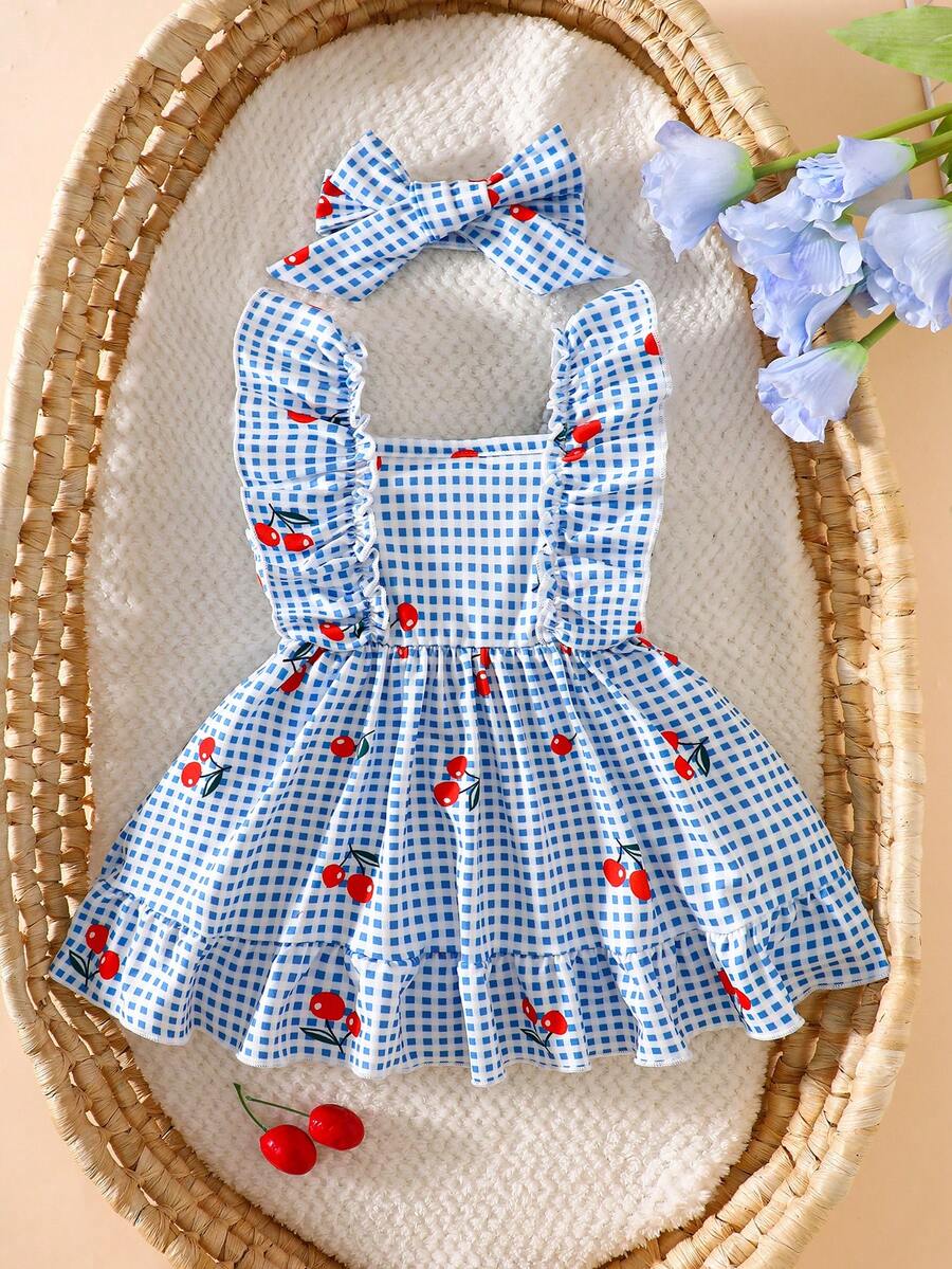 2PCS Baby Strawberry Plaid Dress and Bow Headband Set for Cute Spring and Summer Outings