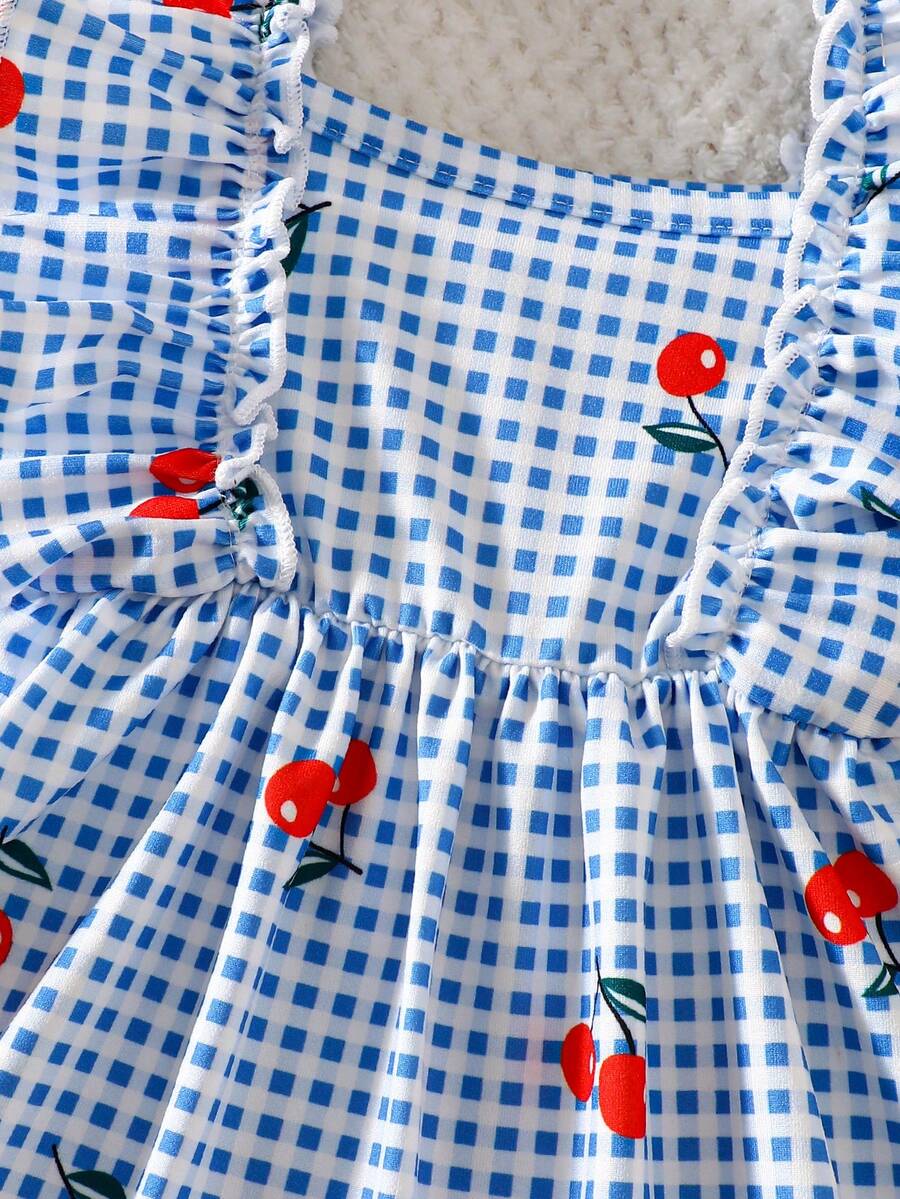 2PCS Baby Strawberry Plaid Dress and Bow Headband Set for Cute Spring and Summer Outings