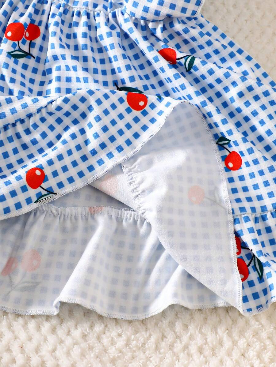 2PCS Baby Strawberry Plaid Dress and Bow Headband Set for Cute Spring and Summer Outings