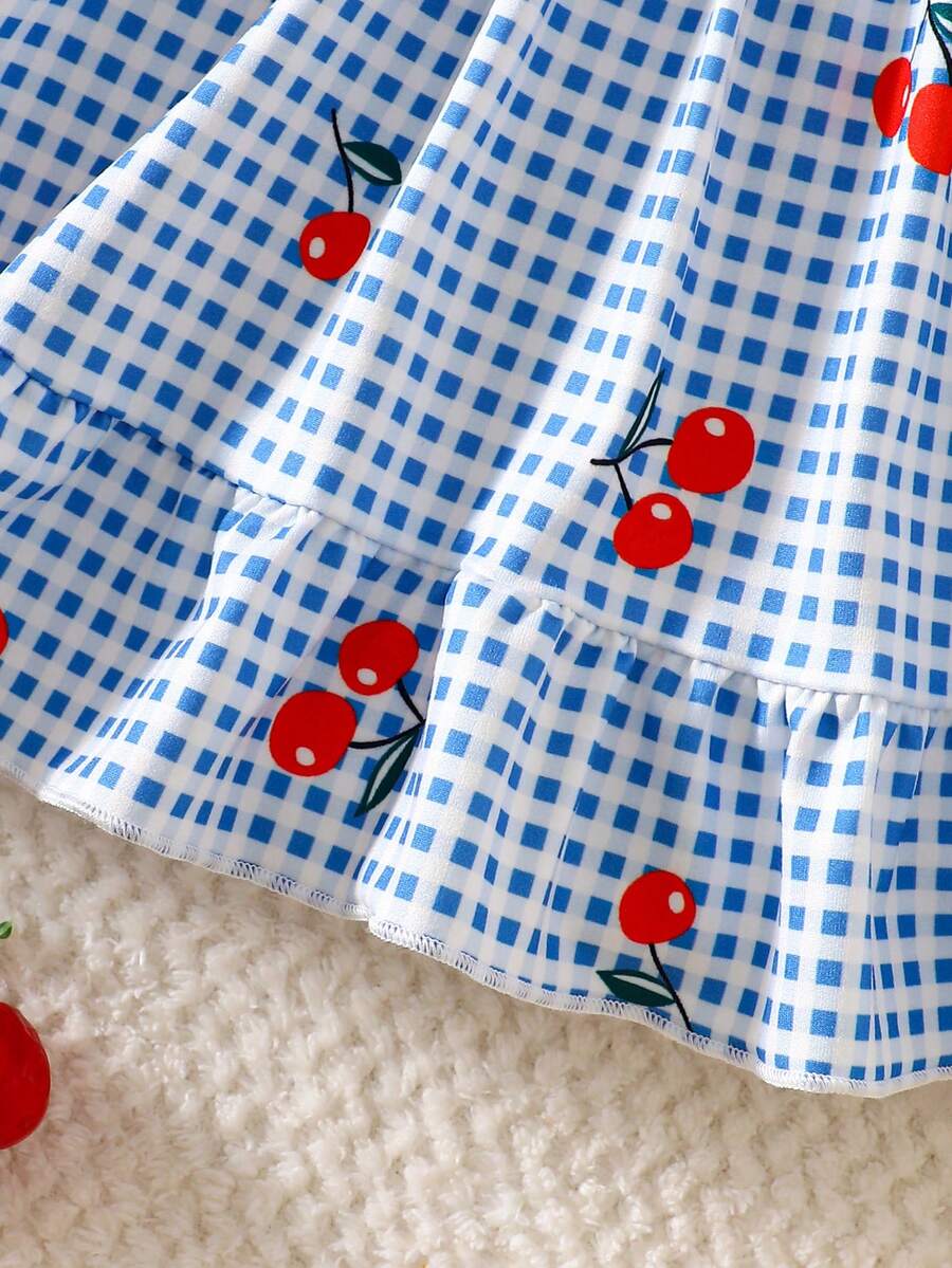 2PCS Baby Strawberry Plaid Dress and Bow Headband Set for Cute Spring and Summer Outings