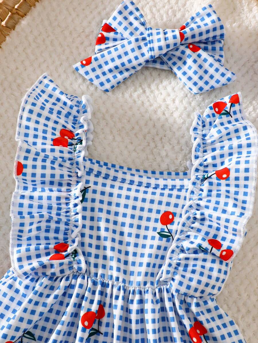 2PCS Baby Strawberry Plaid Dress and Bow Headband Set for Cute Spring and Summer Outings