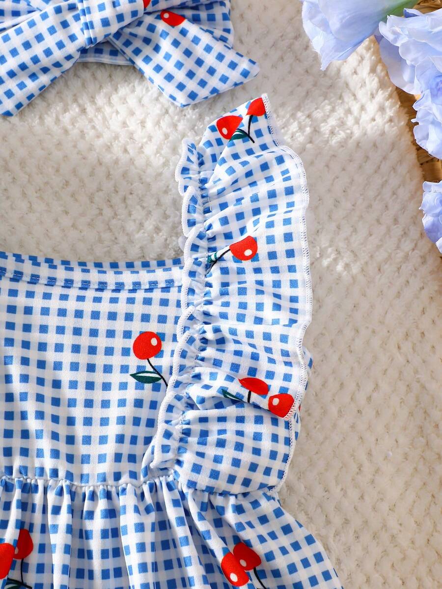 2PCS Baby Strawberry Plaid Dress and Bow Headband Set for Cute Spring and Summer Outings