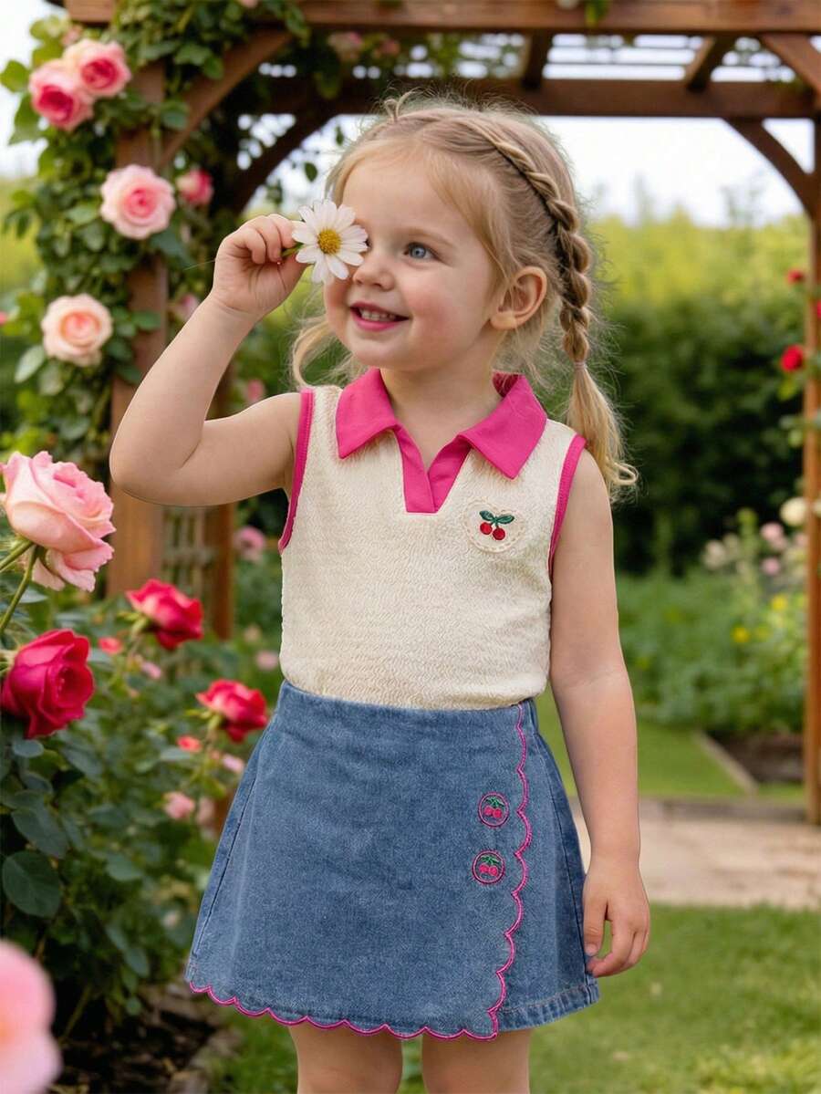 Toddler Girls Textured Knit Vest Top And Denim Skort Flower Embroidered Summer Outfit Set